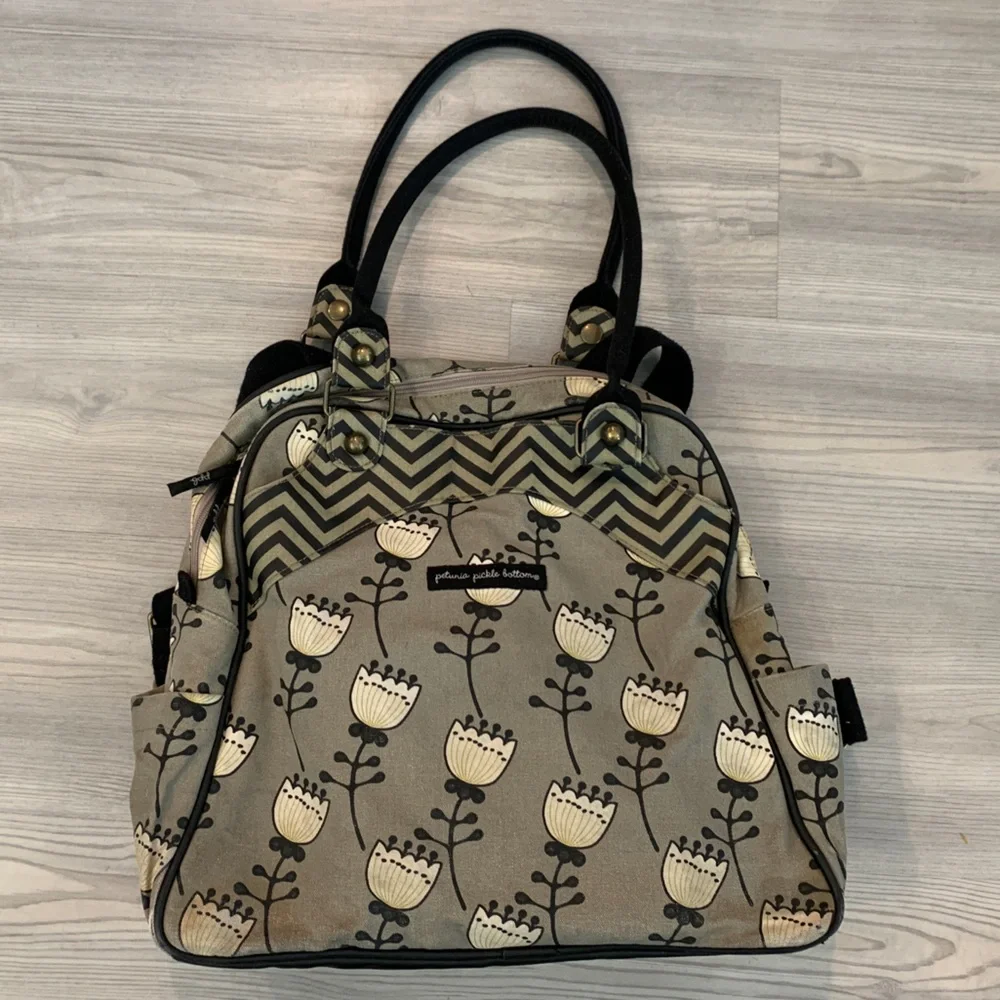 Petunia Pickle Bottom Floral Taupe and Cream Baby Bag